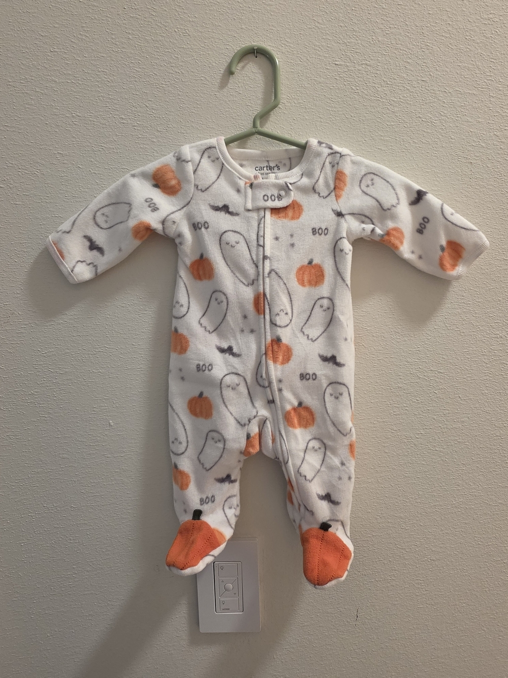 Carter's White & Orange Halloween Ghost Print Footed One-Piece